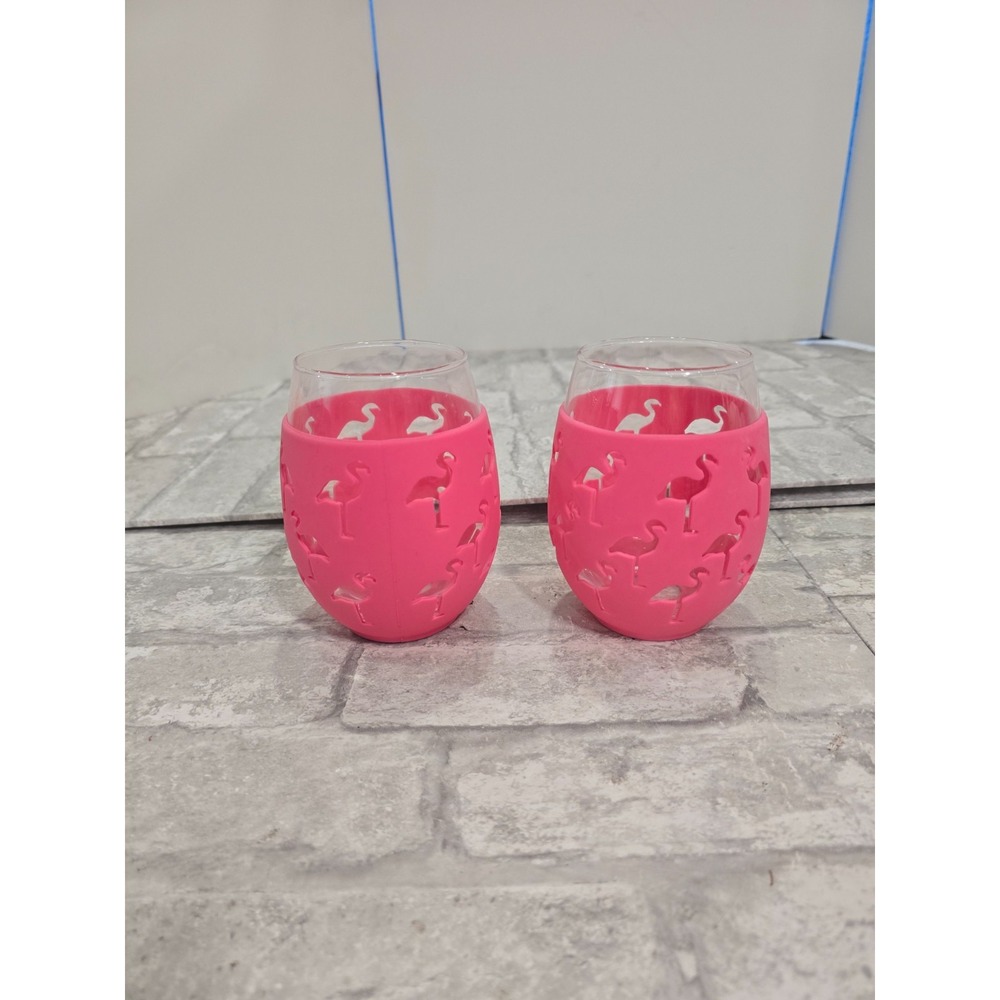 Celebrate Summer Together Stemless Wine Glasses Silicone Flamingo Sleeve Set 2